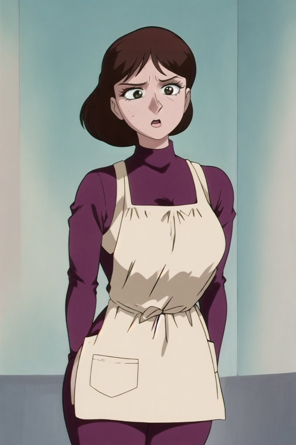 sole_female, 35 years old,((red violet long sleeves turtleneck shirt)), ((white tan apron dress)), curly bob curvy bang brown hair, brown eyes, ((breast_inflation)), large breast, curvy wide hips, Bootylicious, breasts fondling, 
looking-at-viewer, scared and afraid, masterpiece, best quality, detailed face, detailed, highres, cinematic moviemaker style, ,EPTakeuchiNaokoStyle