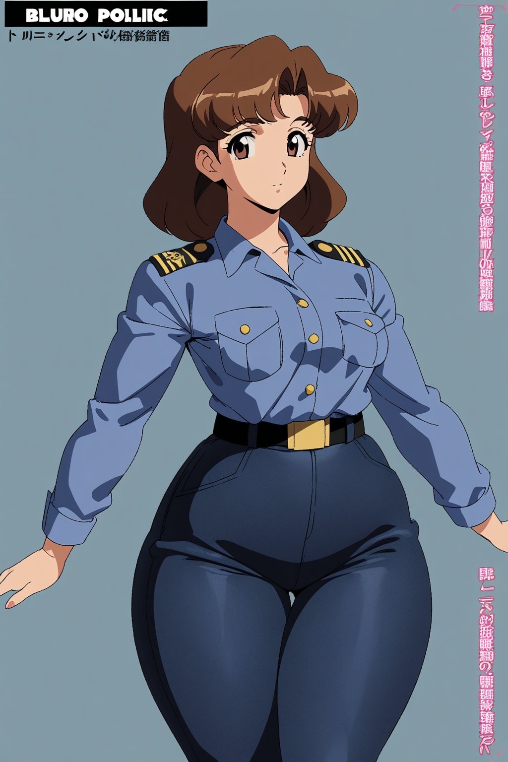 42 year old Mature Milf Female, blue long sleeves police uniform,tight dark blue trousers, black boots, short neck curvy bang brown hair, brown eyes, curvy wide hips, Thicc Juicy Big Butt, 60 inches butt size, character_sheet, looking-at-viewer, masterpiece, best quality, detailed face, HD detailed, high_resolution, Shinji_Nishikawa_Artstyle, Shoujo_Anime,90s Aesthetic, reference sheet, 1980s \(style\),