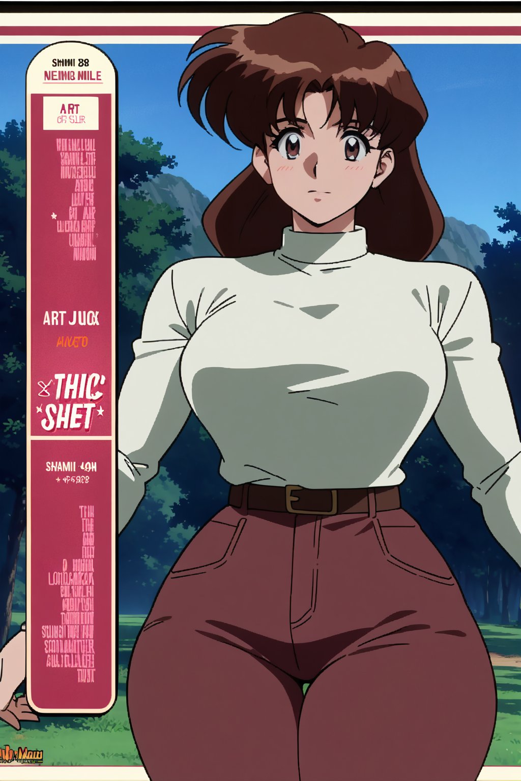 38 year old Milf Female, mature female, red long sleeves turtleneck shirt,tight brown trousers, grey boots, short neck curvy bang brown hair, brown eyes, curvy wide hips, Thicc Juicy Big Butt, 40 inches butt, character_sheet, looking-at-viewer, masterpiece, best quality, detailed face, HD detailed, high_resolution, Shinji_Nishikawa_Artstyle, Shoujo_Anime,90s Aesthetic,Shami