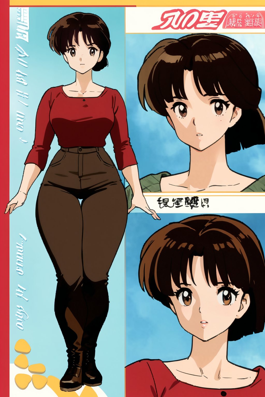 38 year old Milf Female, mature female, red long sleeves turtleneck shirt,tight brown trousers, grey boots, short neck curvy bang brown hair, brown eyes, curvy wide hips, Thicc Juicy Big Butt, 40 inches butt, character_sheet, looking-at-viewer, masterpiece, best quality, detailed face, HD detailed, high_resolution, Shinji_Nishikawa_Artstyle, Shoujo_Anime,90s Aesthetic