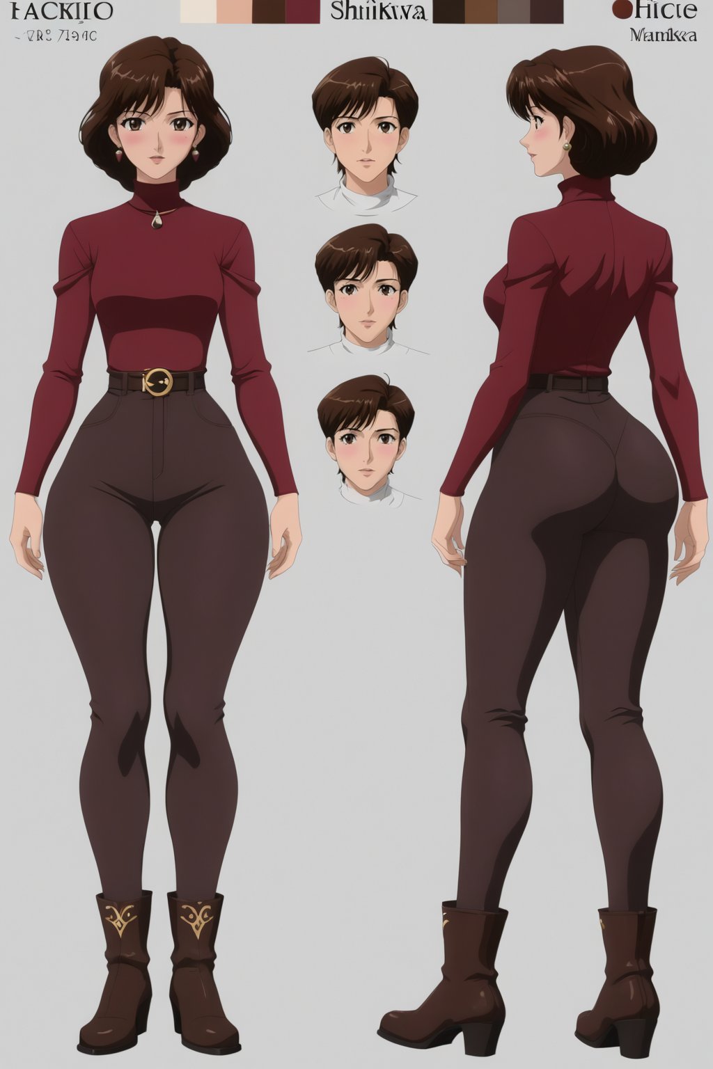 Age 24-year-old, red long sleeves turtleneck shirt, tight dark brown work trousers, dark grey jumpboots, long curvy bob bang brown hair, brown eyes, curvy wide hips, Thicc Bulge Big Butt, 51 inches butt, blushing in embarrassment, different poses, different facial expressions, character_sheet, masterpiece, best quality, detailed hair and face, detailed buttocks and tight pants, 4K detailed, high-resolution, Shinji_Nishikawa_Artstyle, Shoujo_Anime,90s Aesthetic, 1980s \(style\),multiple views of the same character,model sheet,chatacter sheet