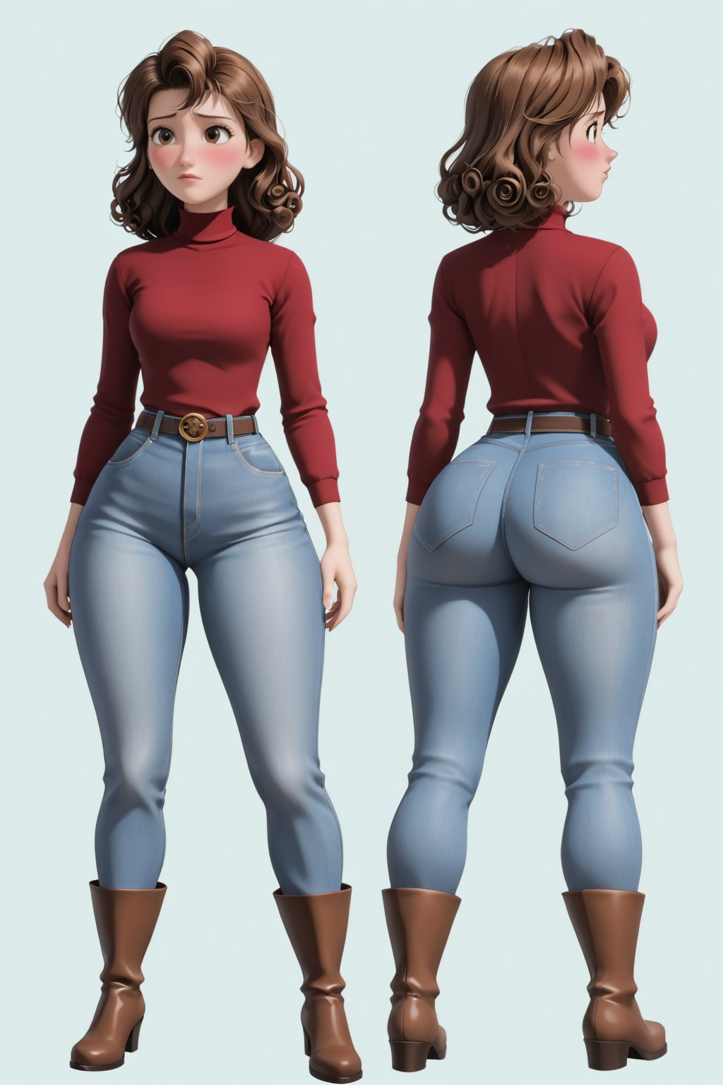 Age 24-year-old, red long sleeves turtleneck shirt, tight dark brown work trousers, dark grey jumpboots, long curly curvy bob bang brown hair, brown eyes, curvy wide hips, Thicc Bulge Big Butt, 51 inches butt, blushing in embarrassment, different poses, different facial expressions, character_sheet, masterpiece, best quality, detailed hair and face, detailed buttocks and tight pants, 4K detailed, high-resolution, Shinji_Nishikawa_Artstyle, Shoujo_Anime,90s Aesthetic, 1980s \(style\),multiple views of the same character,model sheet,chatacter sheet,disney pixar style