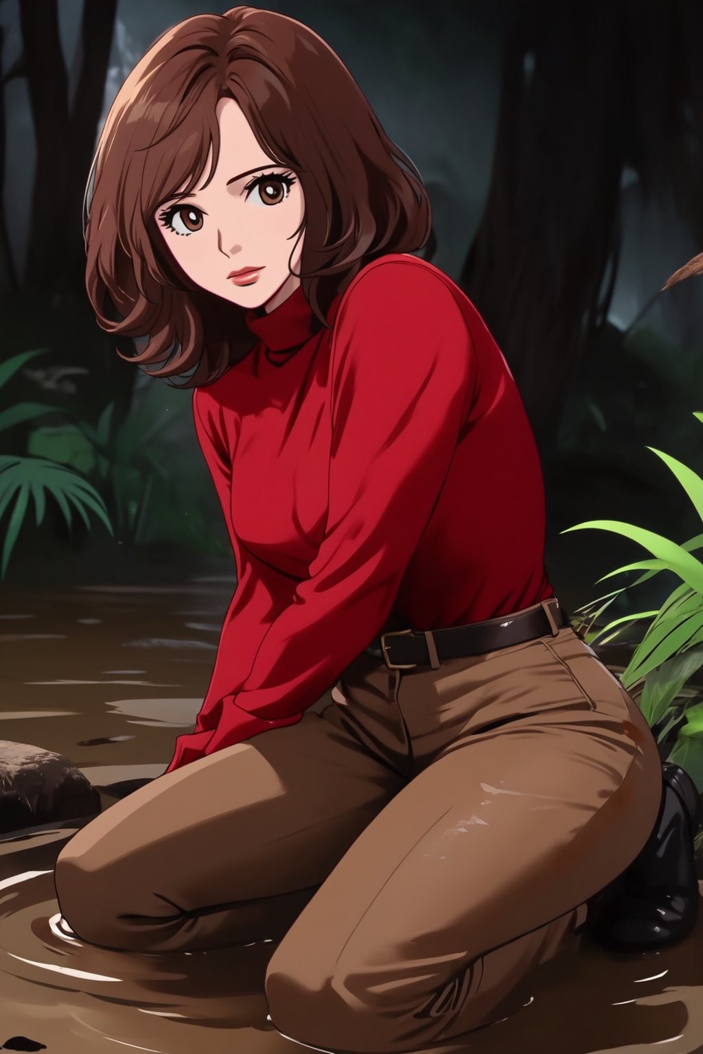 jennifer love hewitt, red long sleeves turtleneck shirt,tight brown trousers, grey boots, curly short bob curvy bang brown hair, brown eyes, curvy wide hips, Thicc Juicy Big Butt, Bootylicious, dirty and muddy, (hair and body cover with bloody meat stake chunks), looking-at-viewer, fearful_expression,sitting on the muddy ground, stormy jungle, masterpiece, best quality, detailed face, detailed, highres, cinematic moviemaker style,soakingwetclothes