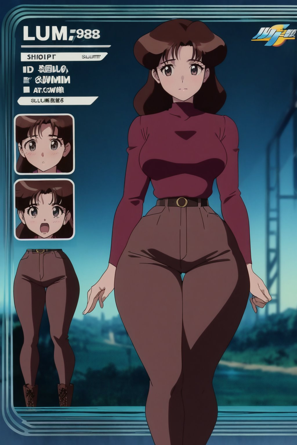 38 year old Milf Female, red long sleeves turtleneck shirt,tight brown trousers, grey boots, short neck curvy bang brown hair, brown eyes, curvy wide hips, Thicc Juicy Big Butt, 40 inches butt, character_sheet, looking-at-viewer, masterpiece, best quality, detailed face, HD detailed, high_resolution, Shinji_Nishikawa_Artstyle, Shoujo_Anime,90s Aesthetic,gunsmith,lum