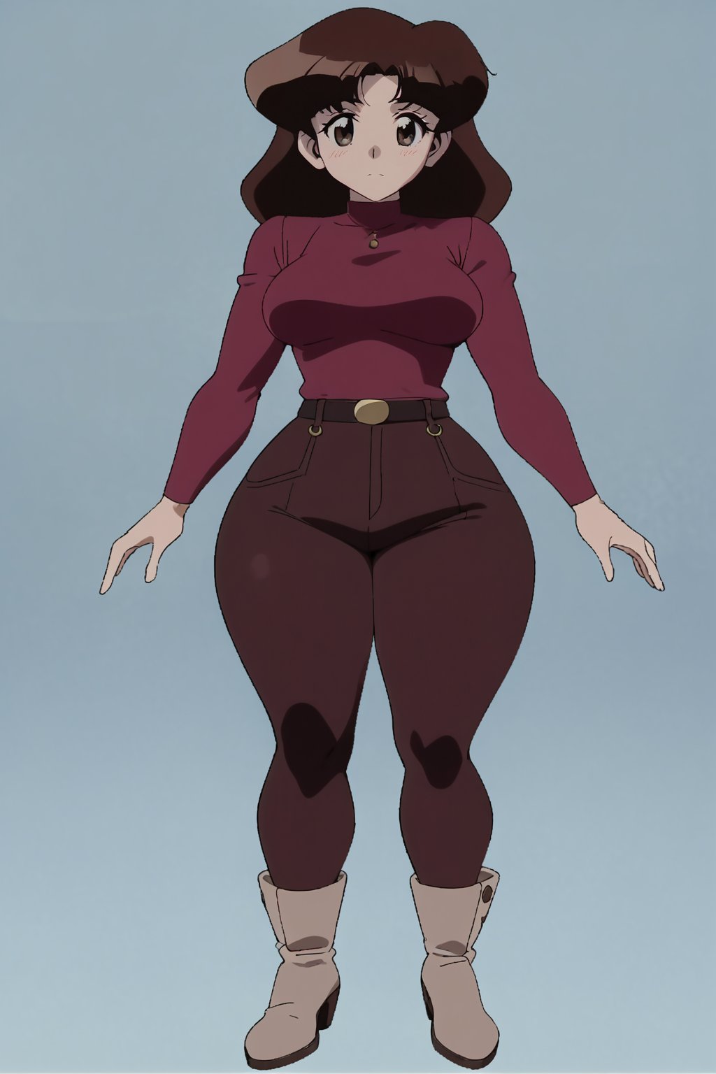 38 year old Milf Female, red long sleeves turtleneck shirt,tight brown trousers, grey boots, short neck curvy bang brown hair, brown eyes, curvy wide hips, Thicc Juicy Big Butt, 40 inches butt, character_sheet, looking-at-viewer, masterpiece, best quality, detailed face, HD detailed, high_resolution, Shinji_Nishikawa_Artstyle, Shoujo_Anime,90s Aesthetic, retro artstyle, reference sheet, 1980s \(style\),