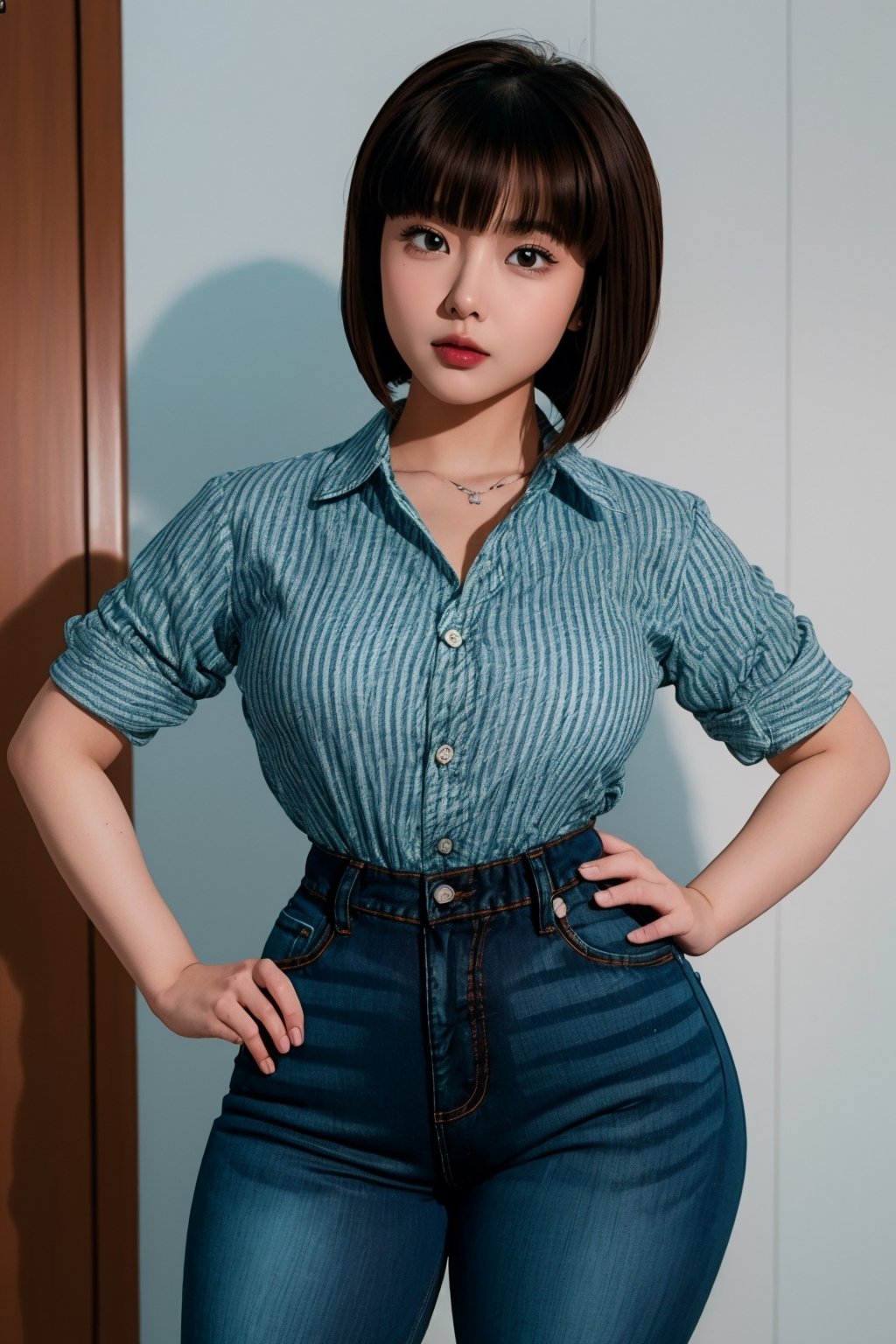TendouNabiki, ((white red stripe shirt)), ((blue jeans)), curly short bob curvy bang brown hair, brown eyes, curvy wide hips, thicc juicy butt, Bootylicious, hands on hips, looking-at-viewer, strip club, masterpiece, best quality, detailed face, detailed, highres, cinematic moviemaker style,