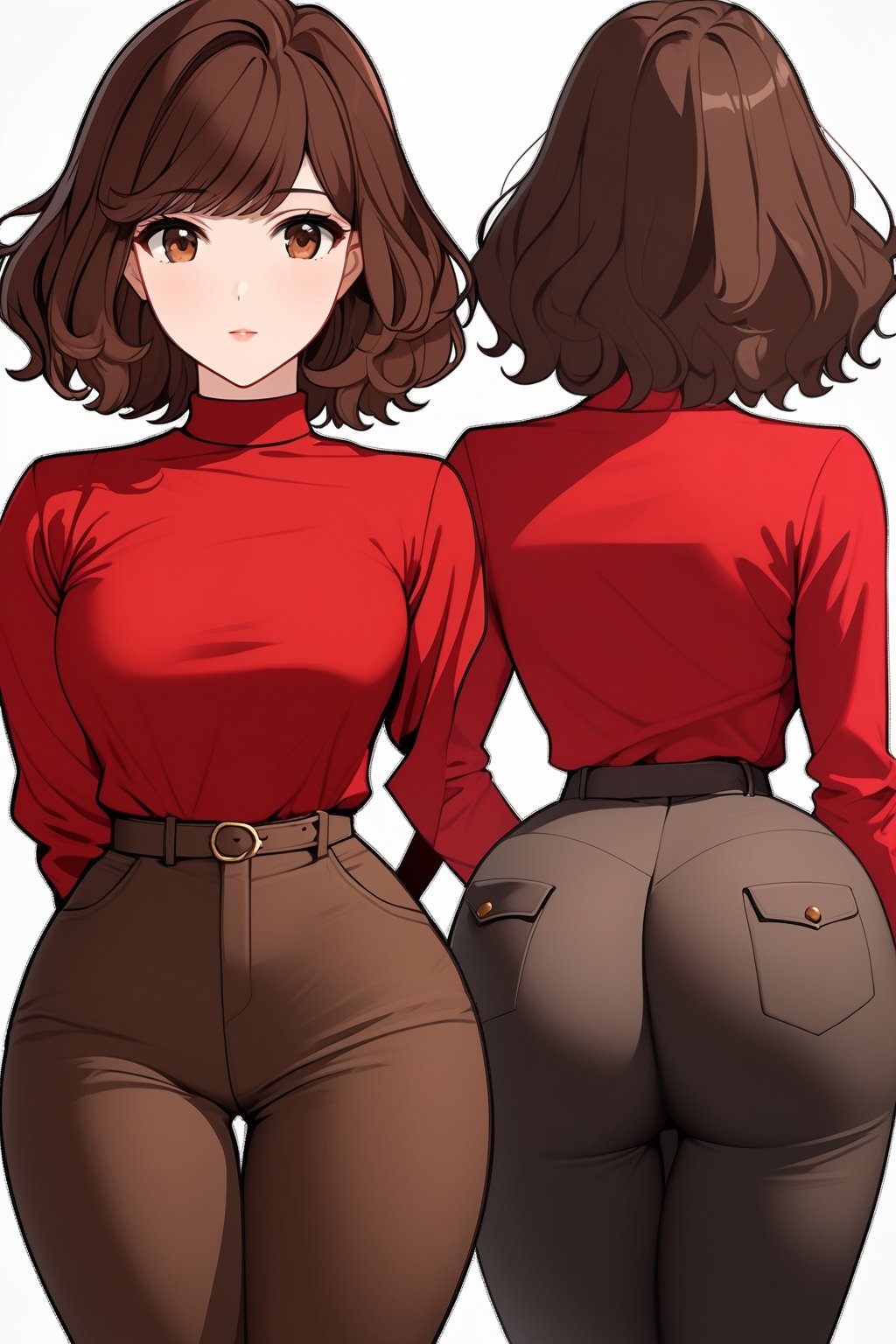 Hollie Carter, age 24 years old, red long sleeves turtleneck shirt,tight brown trousers, grey boots, shirt neck length curly bob curvy bang brown hair, brown eyes, curvy wide hips, Thicc Juicy Big Butt, 40 inches butt, Bootylicious, back_view, looking-at-viewer, character_sheet, masterpiece, best quality, detailed face, HQ detailed, highres, Shinji_Nishikawa_Artstyle, shoujo_anime 