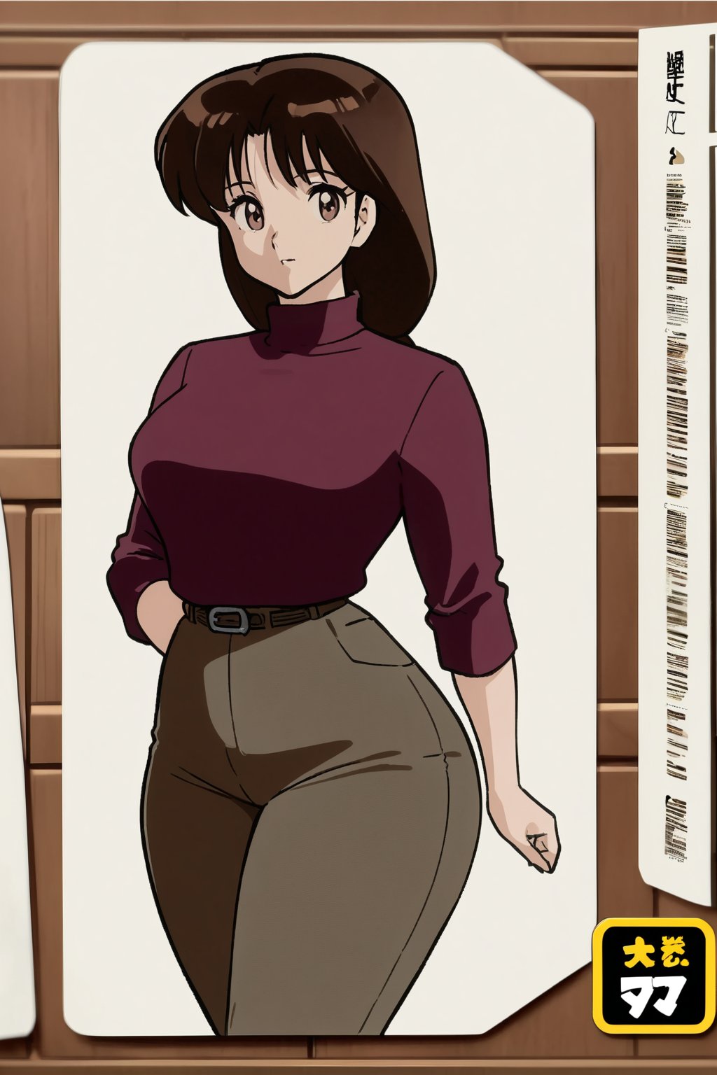 38 year old Milf Female, mature female, red long sleeves turtleneck shirt,tight brown trousers, grey boots, short neck curvy bang brown hair, brown eyes, curvy wide hips, Thicc Juicy Big Butt, 40 inches butt, character_sheet, looking-at-viewer, masterpiece, best quality, detailed face, HD detailed, high_resolution, Shinji_Nishikawa_Artstyle, Shoujo_Anime,90s Aesthetic