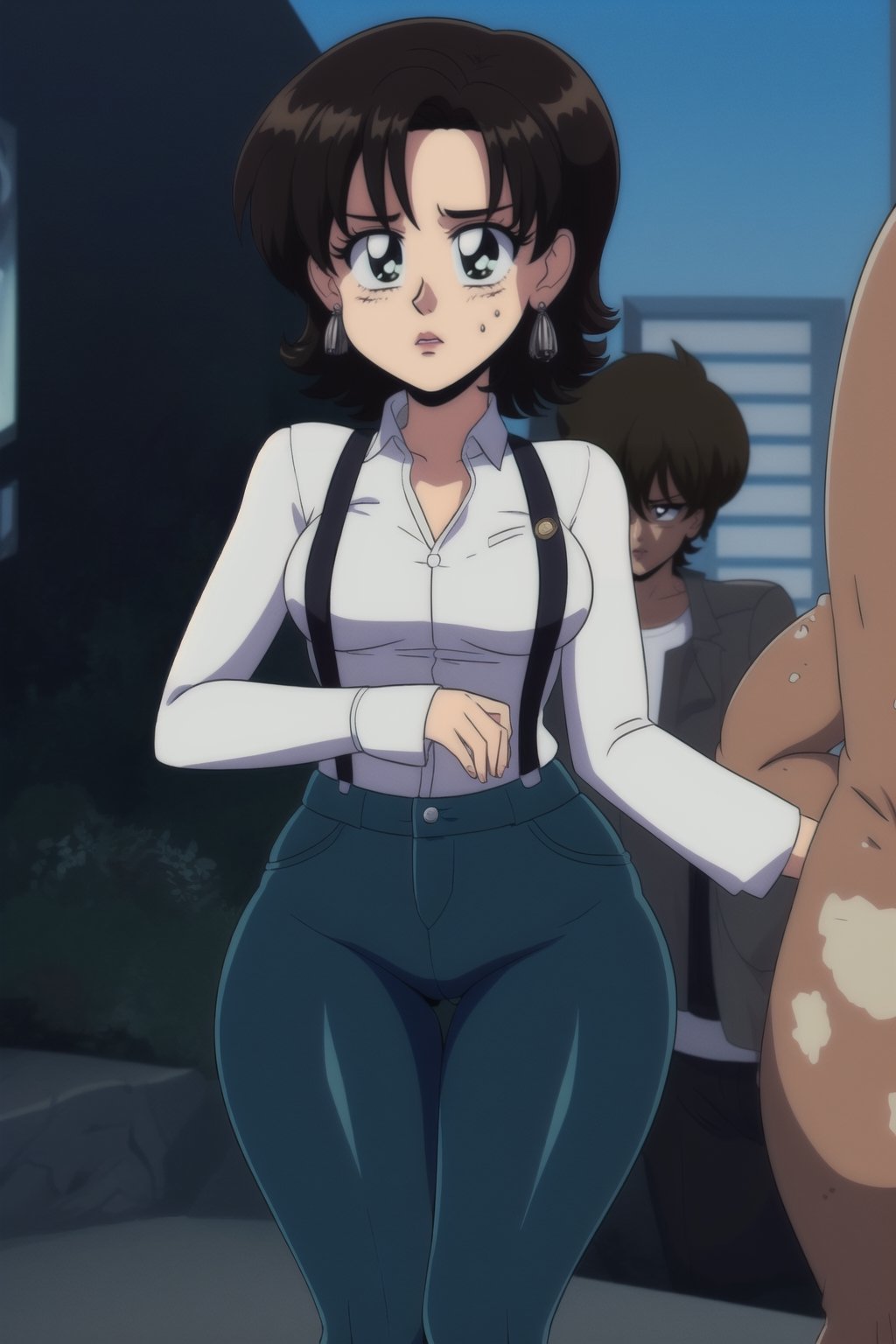 Miki Saegusa, curly short bob curvy bang brown hair, brown eyes, curvy wide hips, Bootylicious, white long sleeve shirt, dirty green suspenders pants, black footwear boots, earrings, destroyed city, masterpiece,  best quality,  detailed face,  detailed eyes, high_resolution ,EPTakeuchiNaokoStyle