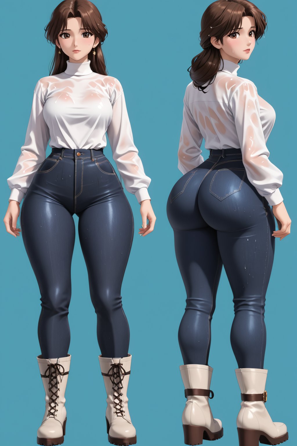 Age 24-year-old, wet and Soak clothes, red long sleeves turtleneck shirt, tight brown trousers pants, grey rain boots, long curvy bang brown wet hair, brown eyes, curvy wide hips, Thicc Juicy jiggling Big Butt, 46 inches butt, character_sheet, masterpiece, best quality, detailed face, 4K detailed buttocks and tight pants, 4K detailed, high-resolution, Shinji_Nishikawa_Artstyle, Shoujo_Anime,90s Aesthetic, 1980s \(style\), 