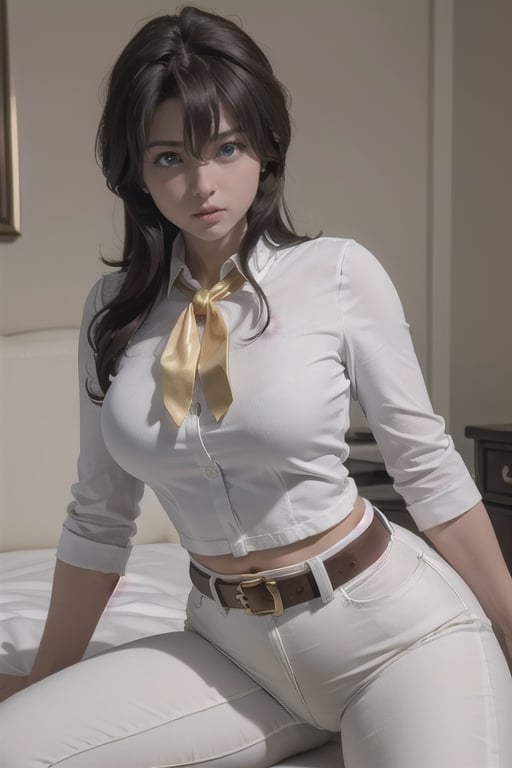 Rally Vincent, blue business suit, grey white  pants, diaper pants, white tie, red belt with gold ring in the middle, long brown hair, blue eyes, thicc big hips, curvy_hips, diaper butt,sittingdown on bed, masterpiece, best quality, detailed face, detailed eyes, highres,
