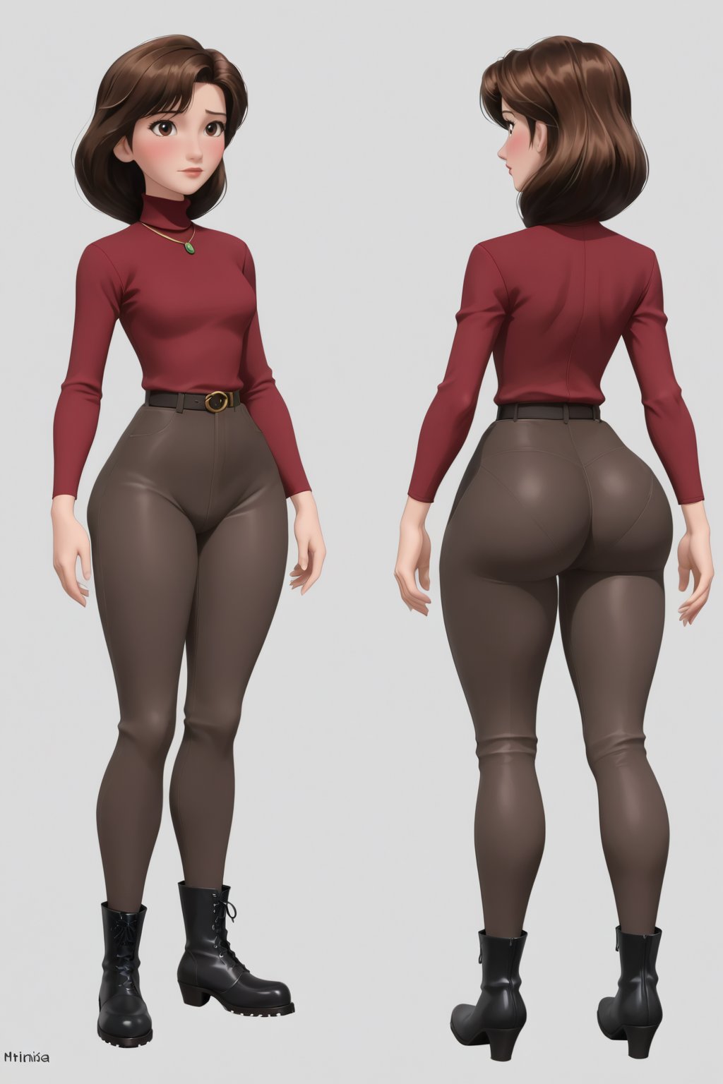 Age 24-year-old, red long sleeves turtleneck shirt, tight dark brown work trousers, dark grey jumpboots, long curvy bob bang brown hair, brown eyes, curvy wide hips, Thicc Bulge Big Butt, 51 inches butt, blushing in embarrassment, different poses, different facial expressions, character_sheet, masterpiece, best quality, detailed hair and face, detailed buttocks and tight pants, 4K detailed, high-resolution, Shinji_Nishikawa_Artstyle, Shoujo_Anime,90s Aesthetic, 1980s \(style\),multiple views of the same character,model sheet,chatacter sheet,disney pixar style