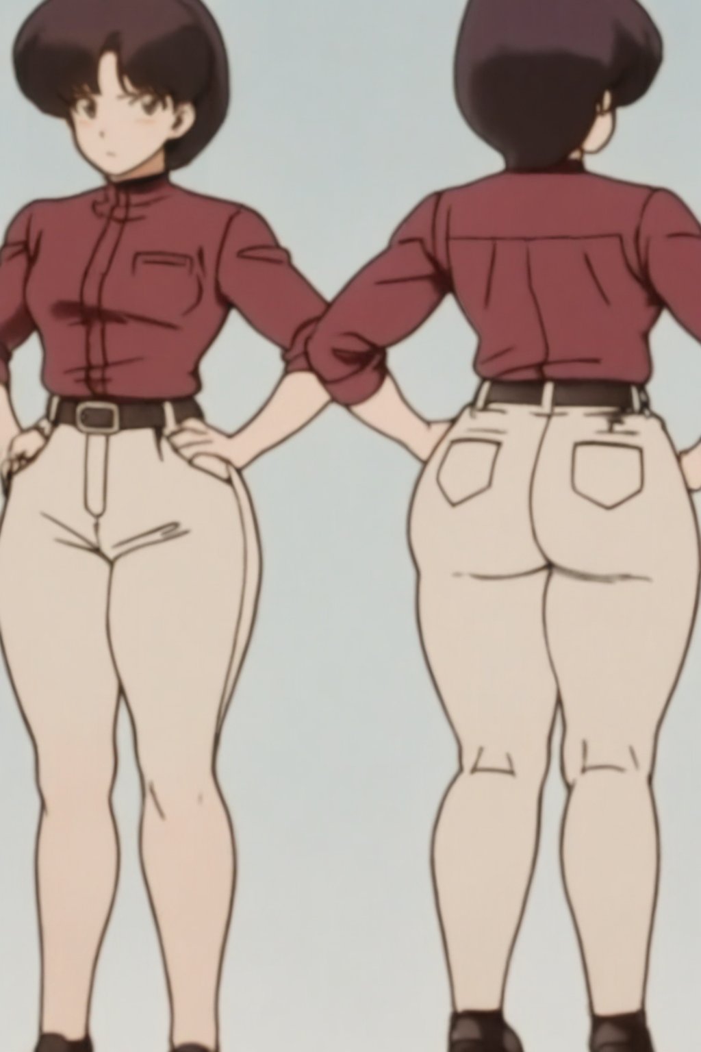 24 year old Milf Female, red long sleeves turtleneck shirt,tight brown trousers, grey boots, short neck curvy bang fluffy brown hair, brown eyes, curvy wide hips, Thicc Juicy Big Butt, 40 inches butt, character_sheet, looking-at-viewer, masterpiece, best quality, detailed face, HD detailed, high_resolution, Shinji_Nishikawa_Artstyle, Shoujo_Anime,90s Aesthetic,retro artstyle