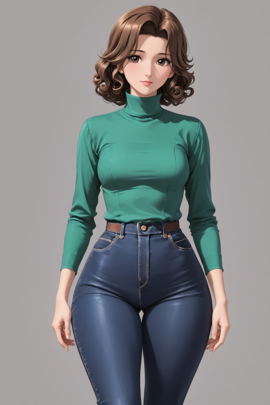 Age 42-year-old, red long sleeves turtleneck shirt, tight brown color trousers pants, no strings boots, long curly curvy short bob and curved bang brown hair, brown eyes, curvy wide hips, Thicc Juicy jiggling Big Butt, 51 inches butt, character_sheet, masterpiece, best quality, detailed face, detailed buttocks and tight pants, 4K detailed, detailed hair, high-resolution, Shinji_Nishikawa_Artstyle, Shoujo_Anime,90s Aesthetic, 1980s \(style\), 