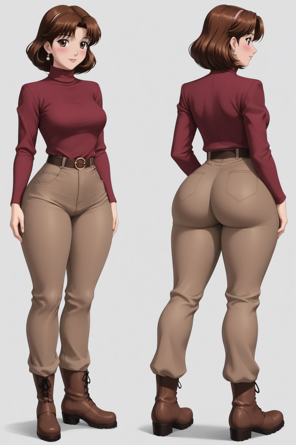 Age 24-year-old, red long sleeves turtleneck shirt, tight brown trousers pants, grey rain boots, long curvy bang brown hair, brown eyes, curvy wide hips, Thicc Juicy jiggling Bulge Big Butt, 51 inches butt, blushing in expression, hand_on_butt,  character_sheet, masterpiece, best quality, detailed face, detailed buttocks and tight pants, 4K detailed, high-resolution, Shinji_Nishikawa_Artstyle, Shoujo_Anime,90s Aesthetic, 1980s \(style\), 