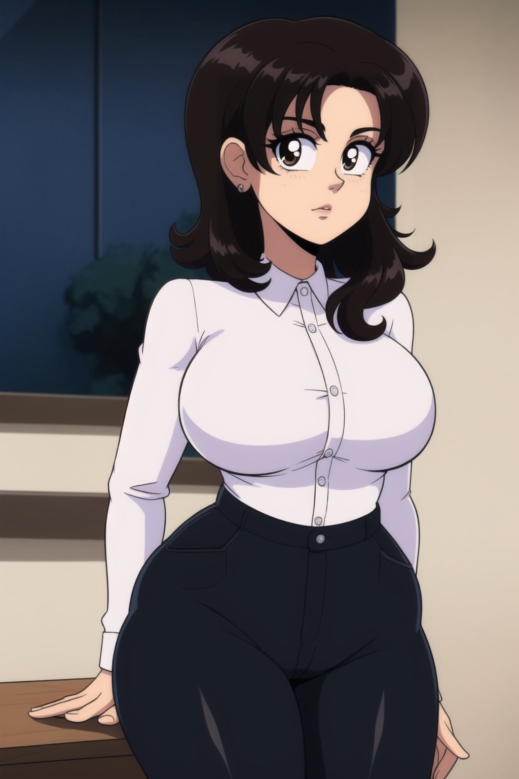 Miki Saegusa, short curly bob curvy bang brown hair, brown eyes, curvy wide hips, Bootylicious, (brown vest), white shirt, long_pants, black footwear boots, silver earrings, looking-at-viewer, office_room, masterpiece,  best quality,  detailed face,  detailed eyes, high_resolution