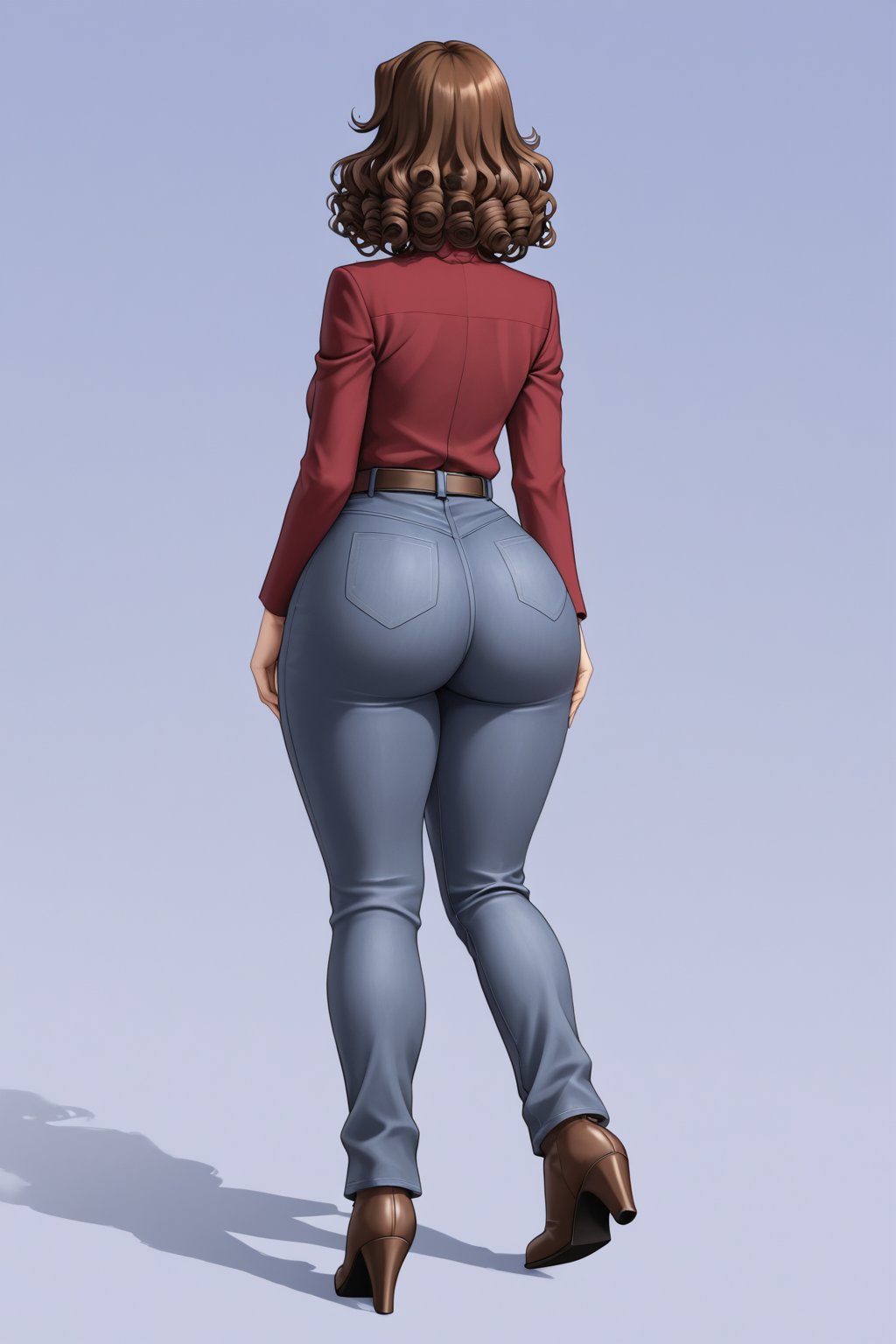 Age 24-year-old, red long sleeves turtleneck shirt, tight black work office trousers, grey jumpboots, long curvy curly bob bang brown hair, brown eyes, curvy wide hips, Thicc Juicy jiggling Bulge Big Butt, 51 inches butt, blushing in embarrassment, character_sheet, masterpiece, best quality, detailed face, detailed buttocks and tight stretch pants, 4K detailed, high-resolution, Shinji_Nishikawa_Artstyle, Shoujo_Anime,90s Aesthetic, 1980s \(style\), 