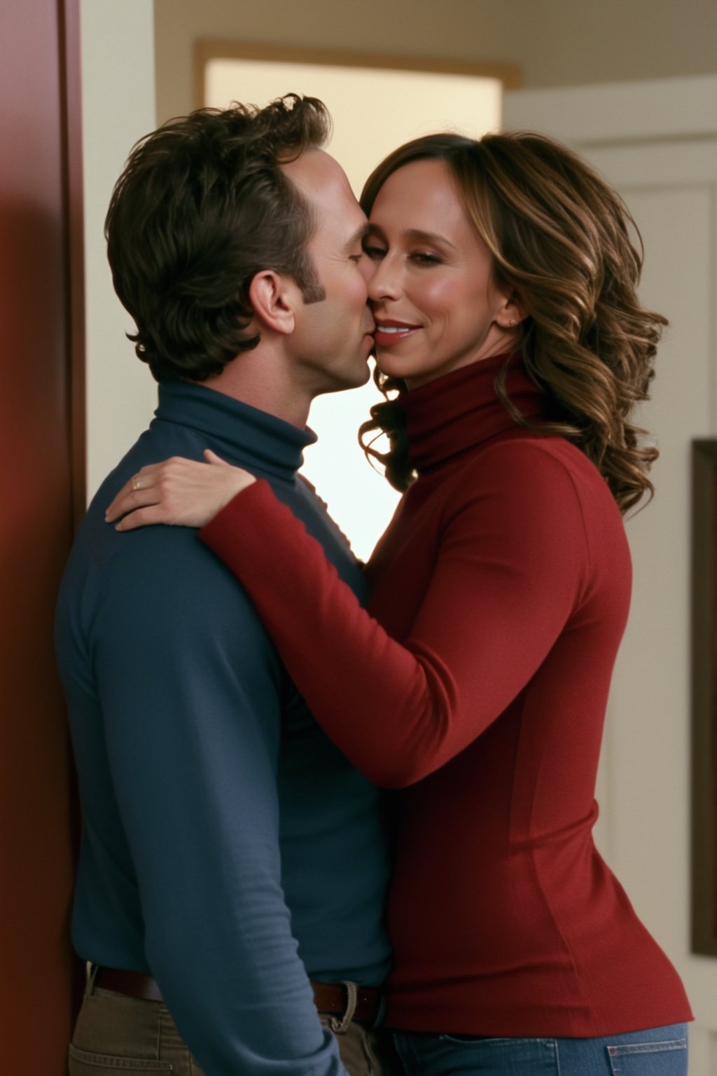 jennifer love hewitt, red long sleeves turtleneck shirt, brown jeans, curly short bob curvy bang brown hair, brown eyes, (thicc butt implants), curvy wide hips, Bootylicious, making out with Breckin Meyer, ((hugging and kissing)), Breckin Meyer grabbing jennifer love hewitt butt, bedroom, masterpiece, best quality, detailed face, detailed, highres, cinematic moviemaker style