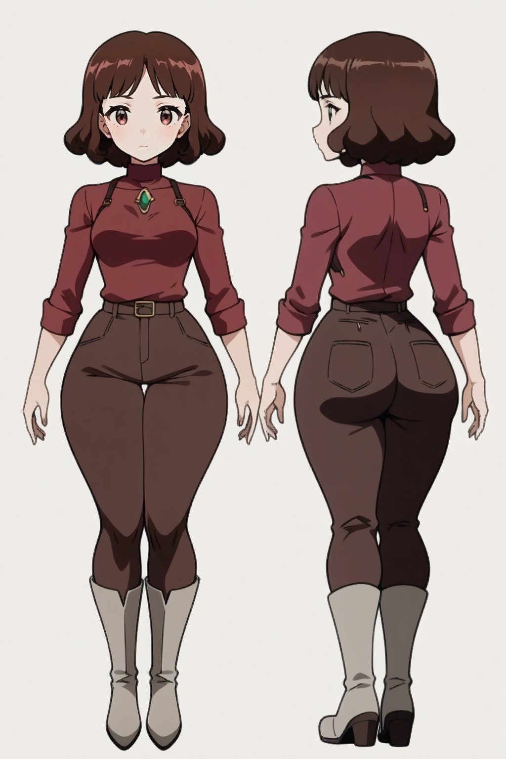 Hollie Carter, age 24 years old, red long sleeves turtleneck shirt,tight brown trousers, grey boots, shirt neck length curly bob curvy bang brown hair, brown eyes, curvy wide hips, Thicc Juicy Big Butt, 40 inches butt, Bootylicious, back_view, looking-at-viewer, character_sheet, masterpiece, best quality, detailed face, HQ detailed, highres, Shinji_Nishikawa_Artstyle, shoujo_anime ,multiple views of the same character