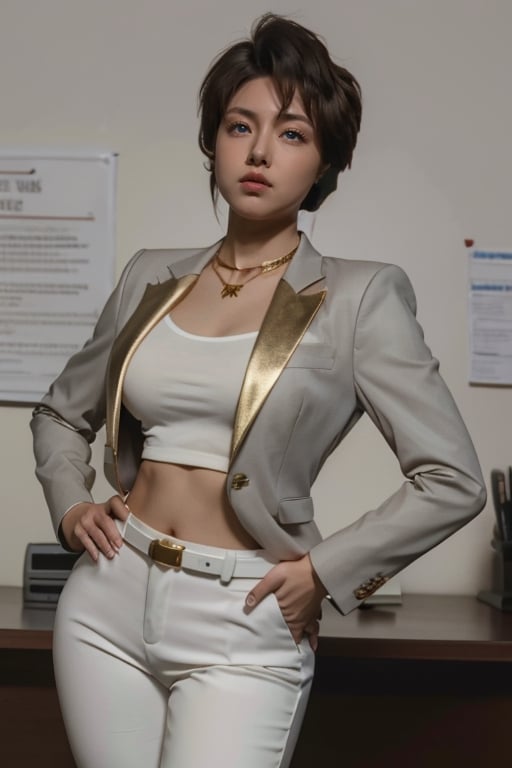 brown business suit, grey white pants, black tie, black belt with gold ring in the middle, neckleight brown hair, blue eyes, thicc big hips, curvy_hips, both hands over hips, office, masterpiece, best quality, detailed face, detailed eyes, highres,

