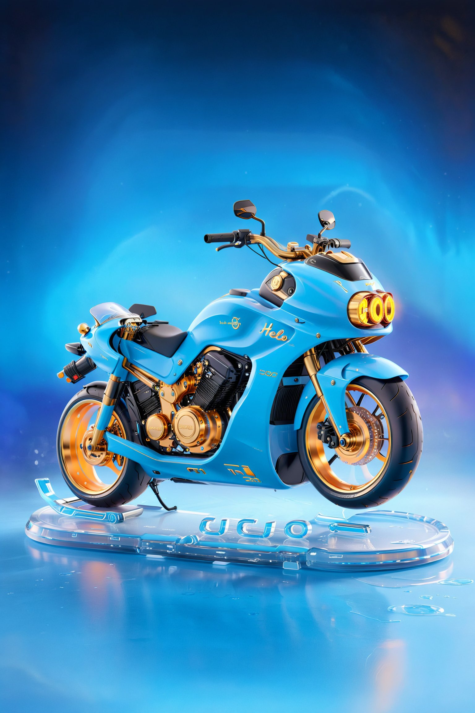 A futuristic and stunning creation of a 3D custom motorcycle, highlighted by gold accents and a blazing neon black glow. The motorcycle features a sleek and sophisticated look, inspired by the Yeosu, and adorns a shiny ice blue background that highlights its unique appearance. The name "Hello" is inscribed in large cursive letters, with a refined and elegant effect thanks to the intense gold outline. The "By Design Digital" stamp in soft golden tones is a recognition of the talent and skill of the digital artist in this masterpiece.lighting bokeh background.