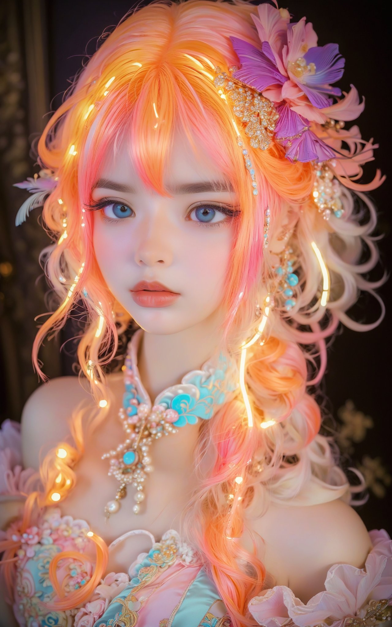 anime_artwork, rococo, grand_photograph, annoyed_girl, neon_glowing_hair, canon_5d_mark_4, neon_light, kodak_ektar, flamboyant, pastel_colors, curved_lines, elaborate_detail, rococo, art by j.c. leyendecker,more detail XL,Kesariya background 