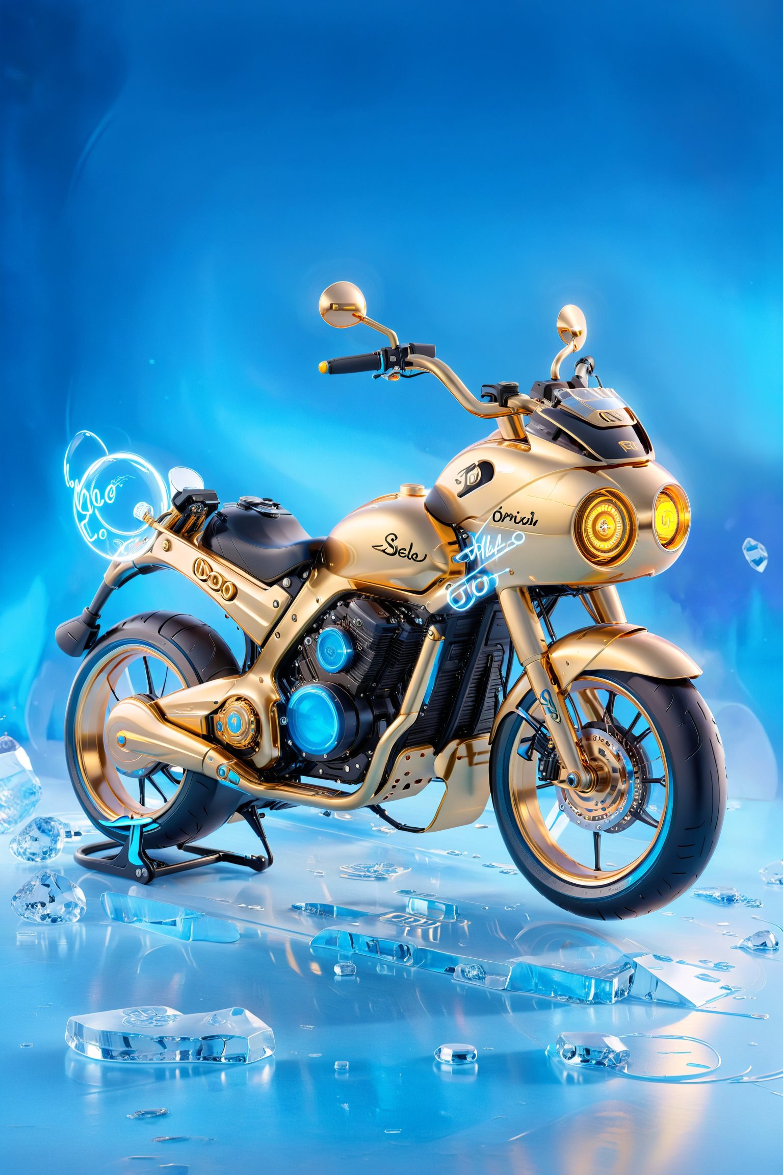 A futuristic and stunning creation of a 3D custom motorcycle, highlighted by gold accents and a blazing neon black glow. The motorcycle features a sleek and sophisticated look, inspired by the Yeosu, and adorns a shiny ice blue background that highlights its unique appearance. The name "Hello" is inscribed in large cursive letters, with a refined and elegant effect thanks to the intense gold outline. The "By Design Digital" stamp in soft golden tones is a recognition of the talent and skill of the digital artist in this masterpiece.lighting bokeh background.