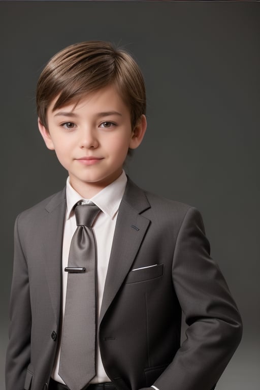 a 7 years old guy in suit confident look half body professional headshot,Extremely Realistic