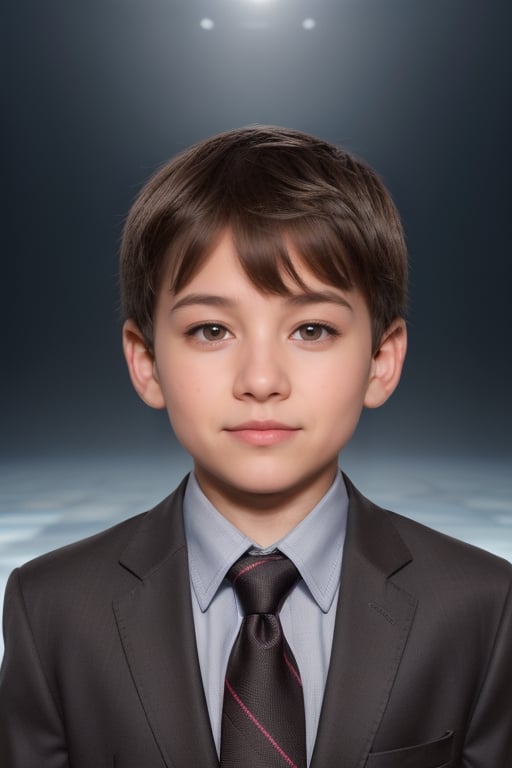 a 7 years old guy in suit confident look passport size photo professional headshot,Extremely Realistic,16k ice age background ,