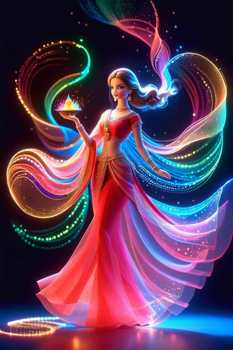 1girl cute barbie playing Holi colurs with Cinderella ,wearing red saree minimalist hologram, long hair glowing, line glowing surrounds the body on a simple background,minimalist hologram
