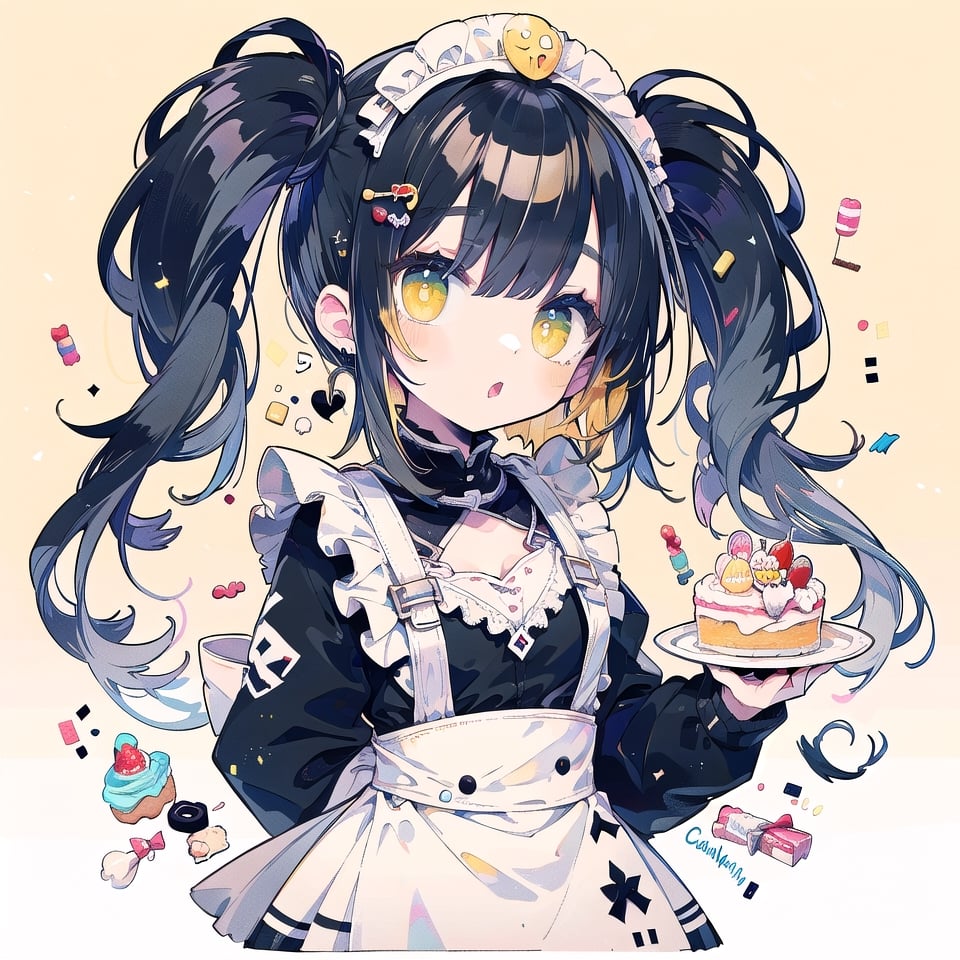 (masterpiece, best quality, highres:1.3), ultra resolution image, 8k, slender, design a cute girl, (Phonk:1.3), girl taking a break, (Yellow-black hair:1.2), short twin ponytails, wearing ((frilled apron, candy and cake dress)), (arms behind back:1.3), from side, ((upper body, half body:1.1, focus on face)),expression design, perfect human anatomy, dynamic, partial version, candy stickers, cake stickers, eyes stickers, color background,
