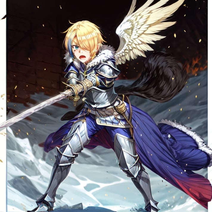 blonde hair, 1girl, blue hair, hair over one eye, multicolored hair, solo, blue eyes, armor, short hair, mole, mole under eye, fur trim, claire-liver020, blue armor, boots, war, fire, (sword:1.2), Angel, angry