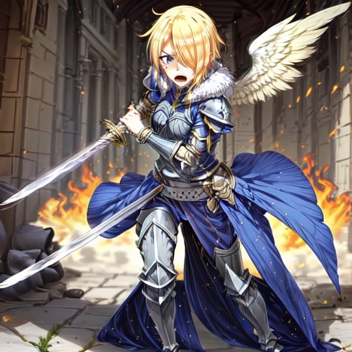 blonde hair, 1girl, blue hair, hair over one eye, multicolored hair, solo, blue eyes, armor, short hair, mole, mole under eye, fur trim, claire-liver020, blue armor, boots, war, fire, (sword:1.2), Angel, angry