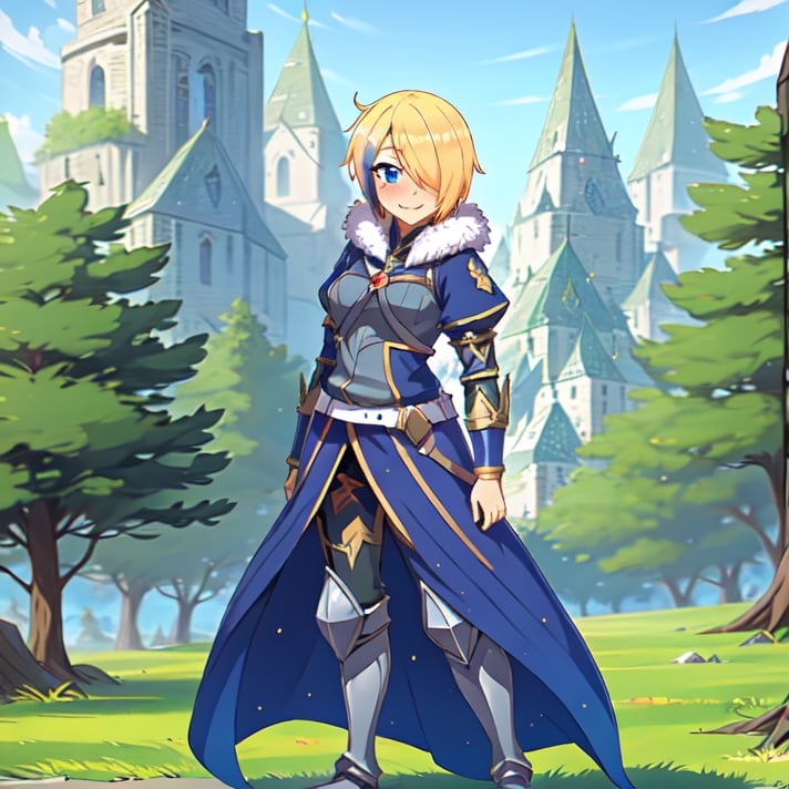 blonde hair, 1girl, blue hair, hair over one eye, multicolored hair, solo, blue eyes, armor, short hair, mole, mole under eye, fur trim, claire-liver020, blue armor, boots, forest, pink trees, fantasy, smile, blushing, nervious