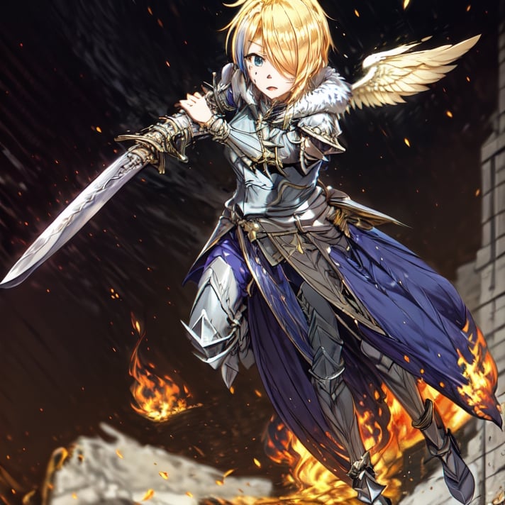 blonde hair, 1girl, blue hair, hair over one eye, multicolored hair, solo, blue eyes, armor, short hair, mole, mole under eye, fur trim, claire-liver020, blue armor, boots, war, fire, Angel, sword