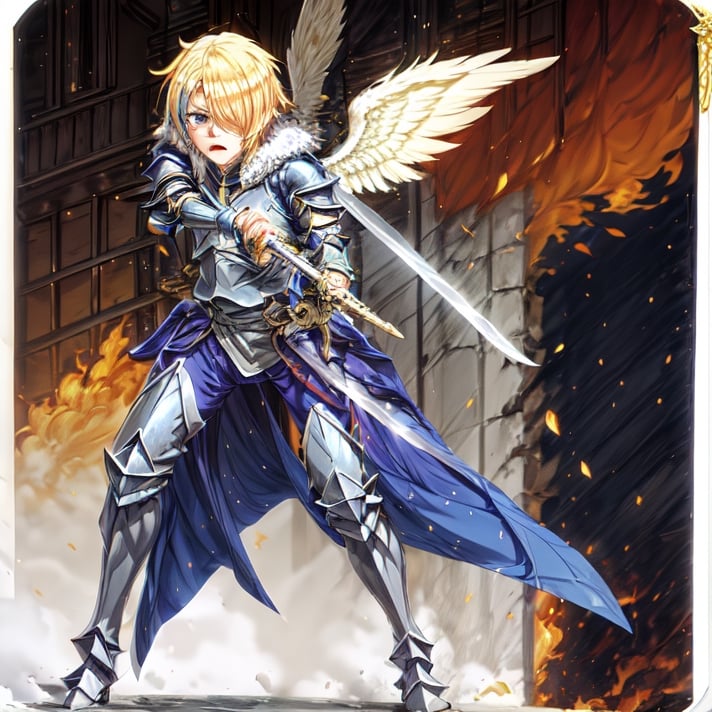 blonde hair, 1girl, blue hair, hair over one eye, multicolored hair, solo, blue eyes, armor, short hair, mole, mole under eye, fur trim, claire-liver020, blue armor, boots, war, fire, (sword:1.2), Angel, angry