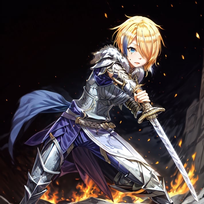 blonde hair, 1girl, blue hair, hair over one eye, multicolored hair, solo, blue eyes, armor, short hair, mole, mole under eye, fur trim, claire-liver020, blue armor, boots, war, fire, (sword:1.2)