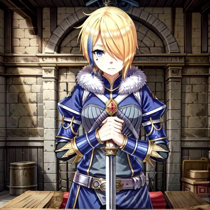 blonde hair, 1girl, blue hair, hair over one eye, multicolored hair, solo, blue eyes, armor, short hair, mole, mole under eye, fur trim, claire-liver020, blue armor, boots, war, fire, Angel, sword, swordup