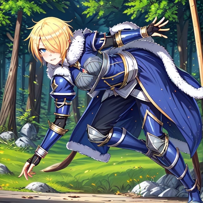 blonde hair, 1girl, blue hair, hair over one eye, multicolored hair, solo, blue eyes, armor, short hair, mole, mole under eye, fur trim, claire-liver020, blue armor, boots, forest, pink trees