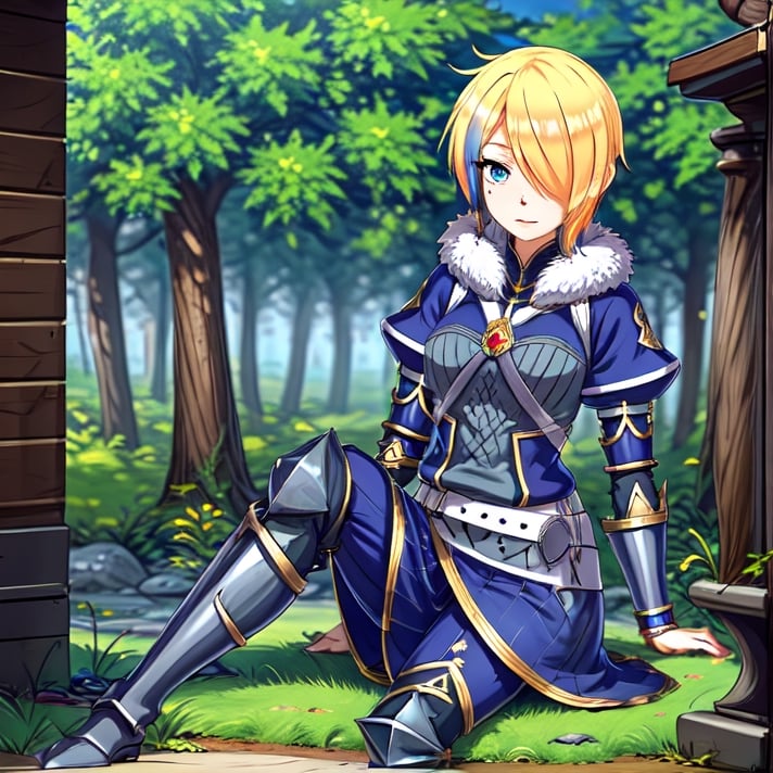 blonde hair, 1girl, blue hair, hair over one eye, multicolored hair, solo, blue eyes, armor, short hair, mole, mole under eye, fur trim, claire-liver020, blue armor, boots, forest, pink trees