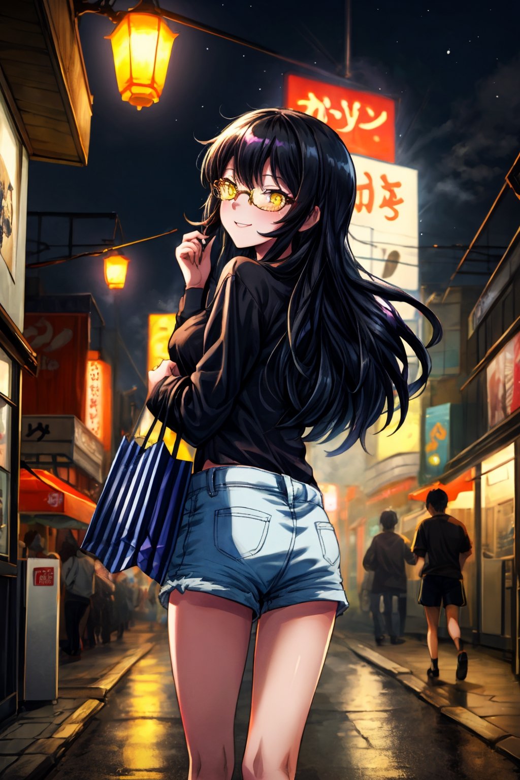 high quality, highly detailed, masterpiece, (full shot), 1 girl, alone, blake belladonna, from behind, holding a shoping bag, the exorcist movie poster pose, night, looking a house, fog, (open eyes, yellow eyes, dark black hair, slim, white skin, loose hair, smile, wink, gal style, glases, black shirt, shorts), walkint in the street of akihabara, outdoor, detailed background, very detailed background.