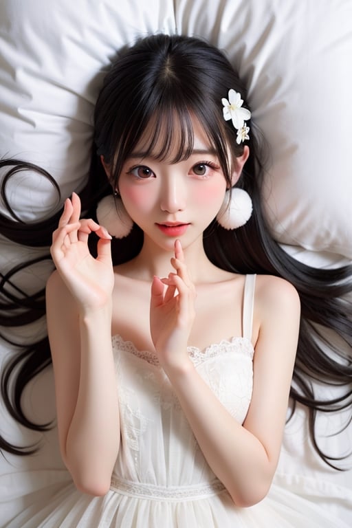 top-down view, a girl ,lies on her back on a white bed,long black hair, white dress, barefoot,snow-white skin,open hands upward 