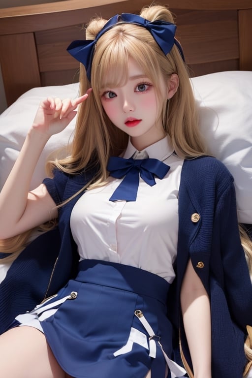 a girl,white_bed,lying,dark blue uniform,dark blue bow, unbuttoned,mini skirt, blond long hair 