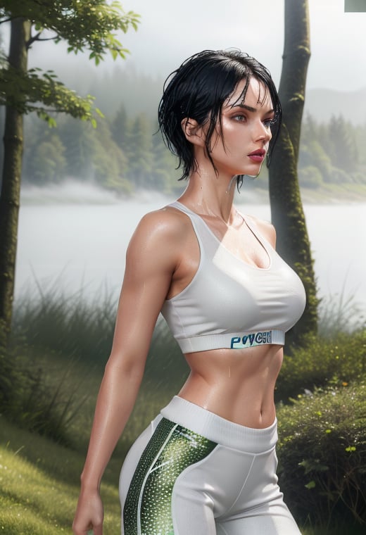 (best_quality:1.5), (hyperrealistic:1.5), (skin_texture:1.5), 25_year_old_canadian_woman, straight_short_black_haired, green_eyed, white_skin, toned_body, jogging_inside_grassy_forest, river_background, front_view, side_view, fog_scenery, cloudy_sky_scenery, wet_skin, soaked_hair, masterpiece, highres, 8k, photorealistic, hyper detailed, cinematic, clean_bright_colors, sharp focus, HD, wearing_all_red_tight_short_fitness_clothes