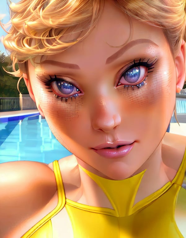 (best_quality:1.5), (hyper_realistic:1.5), (high_detail_face:1.5), (skin_texture:1.2), 24_year_old_ukrainian_woman, curly_short_blonde_haired, hazel_eyes, pale_skin, ((muscular_toned_body)), wearing_yellow_spandex_swimming_suit, pool_scenery, sunny_day_scenery