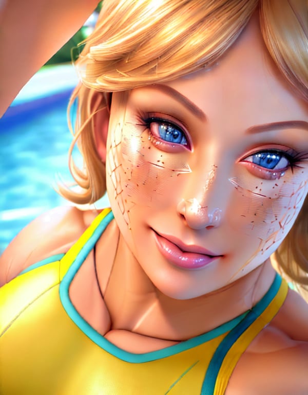 (best_quality:1.5), (hyper_realistic:1.5), (high_detail_face:1.5), (skin_texture:1.2), 24_year_old_ukrainian_woman, curly_short_blonde_haired, hazel_eyes, pale_skin, ((muscular_toned_body)), wearing_yellow_spandex_swimming_suit, pool_scenery, sunny_day_scenery