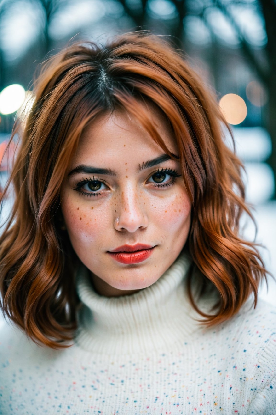 closed lips, cute smile, cinematic photo (art by Mathias Goeritz:0.9) , photograph, Lush Girlfriend, Tax collector, Rich ginger hair, Winter, tilt shift, Horror, specular lighting, film grain, Samsung Galaxy, F/5, (cinematic still:1.2), freckles . 35mm photograph, film, bokeh, professional, 4k, highly detailed
,1 girl,midjourney,yuzu, perfect, fingers,m4d4m,PriyankaChopra,hourglass body shape,Extremely Realistic