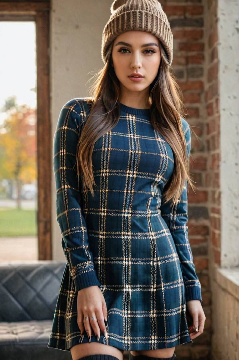 Masterpiece, Best Quality, A beautiful woman, 27 year old, Plaid Dress + Combat Boots + Beanie dress, full body, extremely detailed face, detailed eyes and lips, long eyelashes, beautiful detailed skin, beautiful, natural lighting, 8k, highly detailed, photorealistic, hyper detailed photography, cinematic lighting, warm color tones, dramatic lighting, portrait