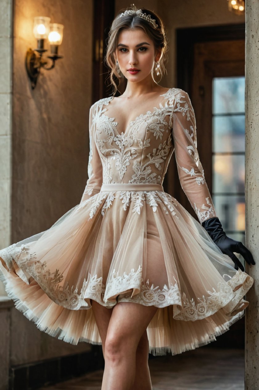 Masterpiece, Best Quality, A beautiful woman, 27 year old, Tulle Skirt Dress + Pumps + Lace Gloves dress, full body, extremely detailed face, detailed eyes and lips, long eyelashes, beautiful detailed skin, beautiful, natural lighting, 8k, highly detailed, photorealistic, hyper detailed photography, cinematic lighting, warm color tones, dramatic lighting, portrait