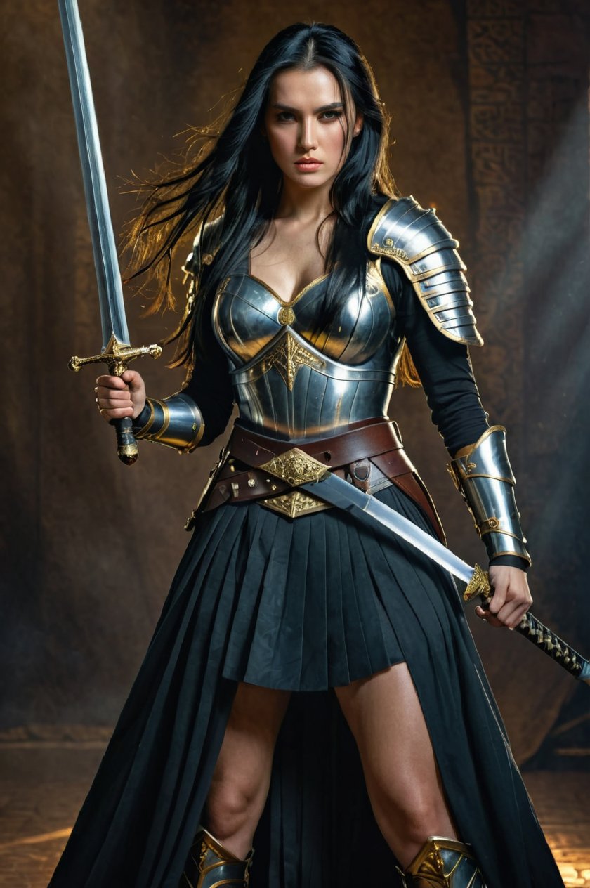 a beautiful woman warrior, long black hair, intense gaze, wearing a black folded skirt, holding a sword, detailed gold belt, intricate armor, dramatic lighting, cinematic composition, hyper realistic, highly detailed, masterpiece, photorealistic, dramatic colors, chiaroscuro lighting, painterly style